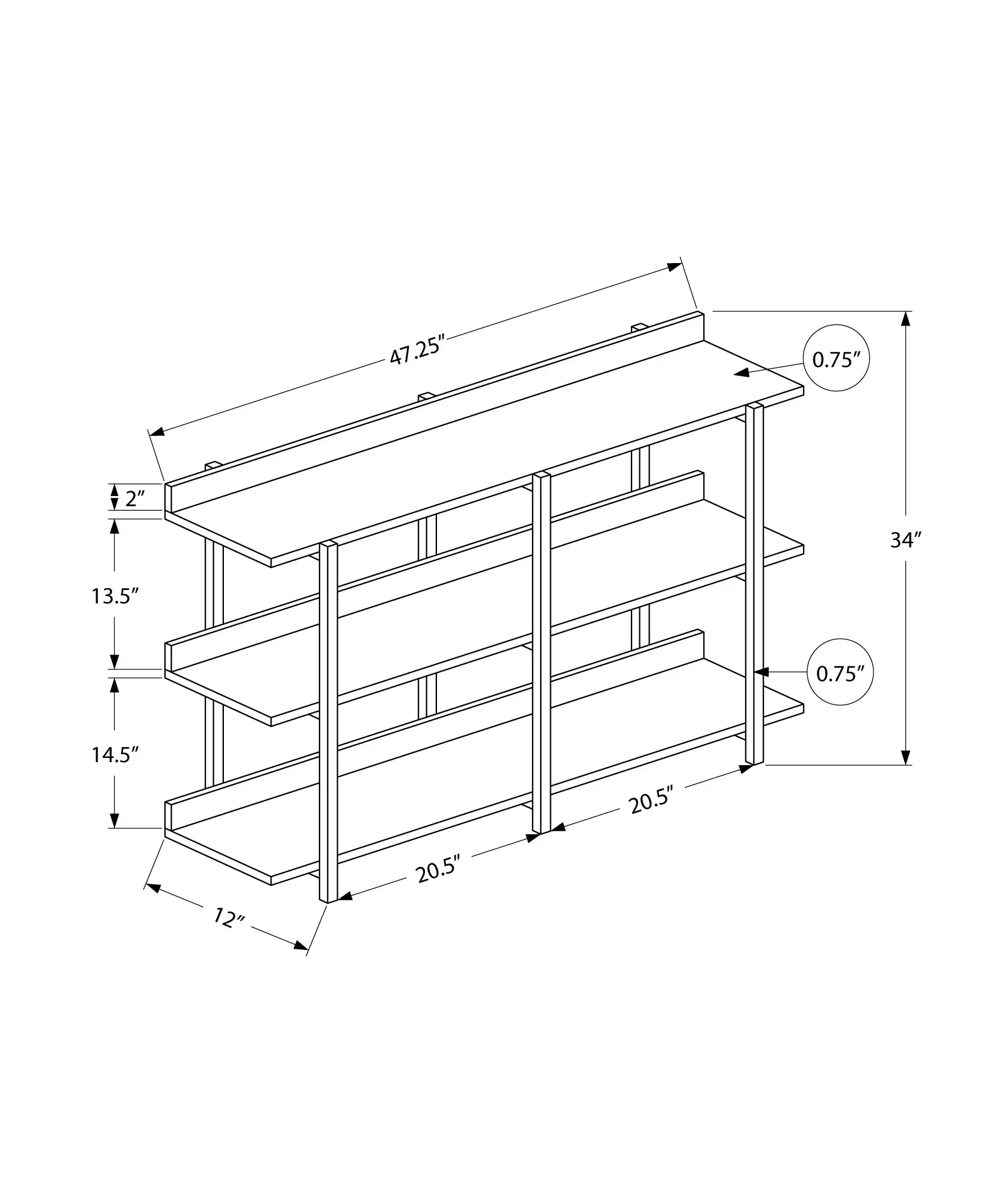 Console Table - 3 Tier / Shelves / Rectangular / Metal Legs - 48