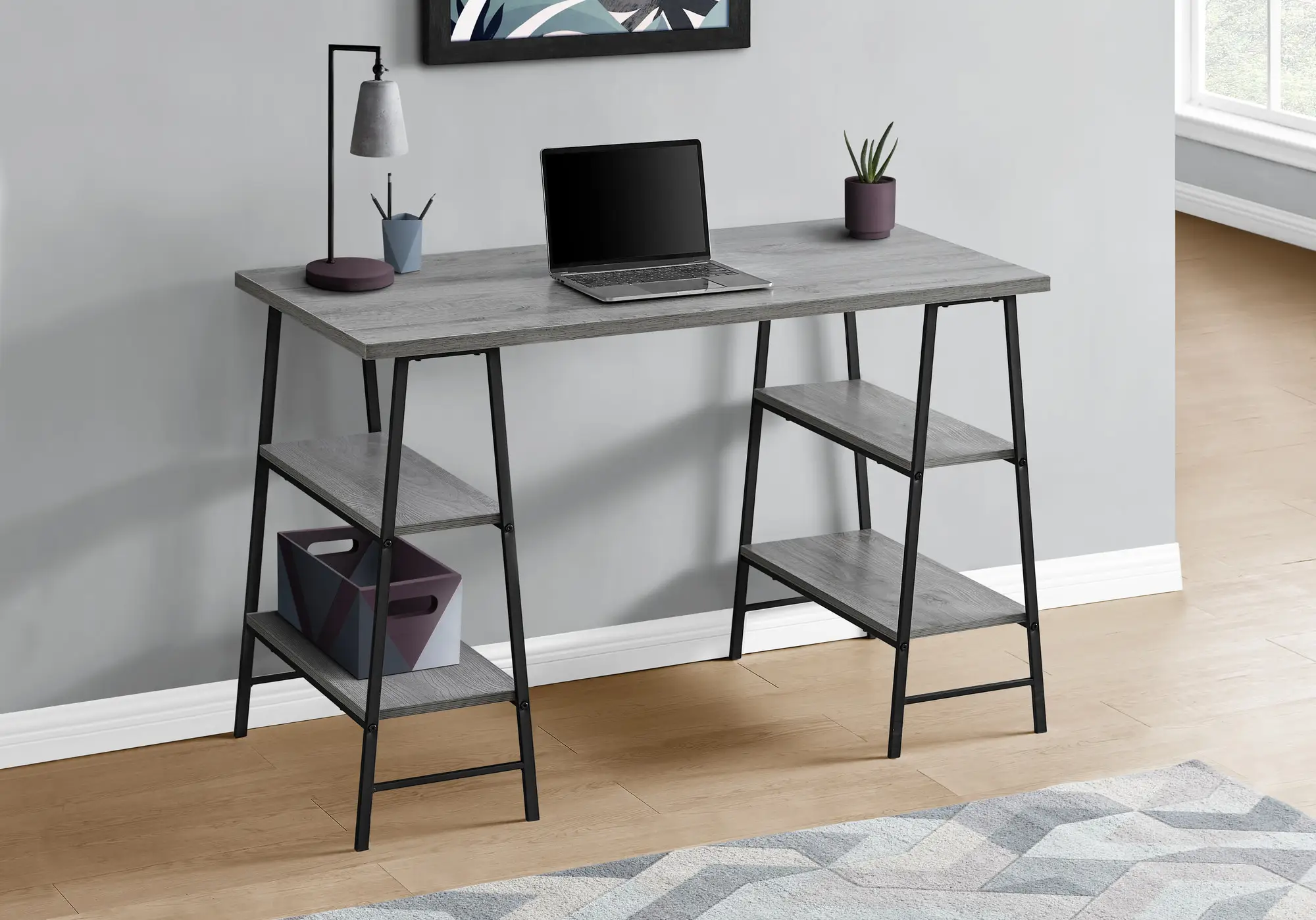 Grey Computer Desk Open Box Computer Desk - 3 Tiers / 4 Open Shelves / Sawhorse Style - 48